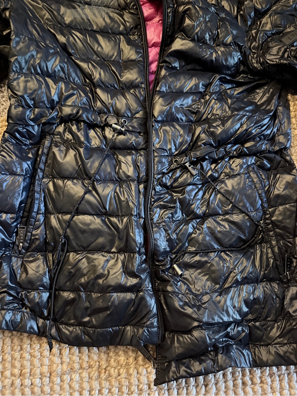 DKNY Shiny Black Quilted Puffer Jacket with Pink Lining